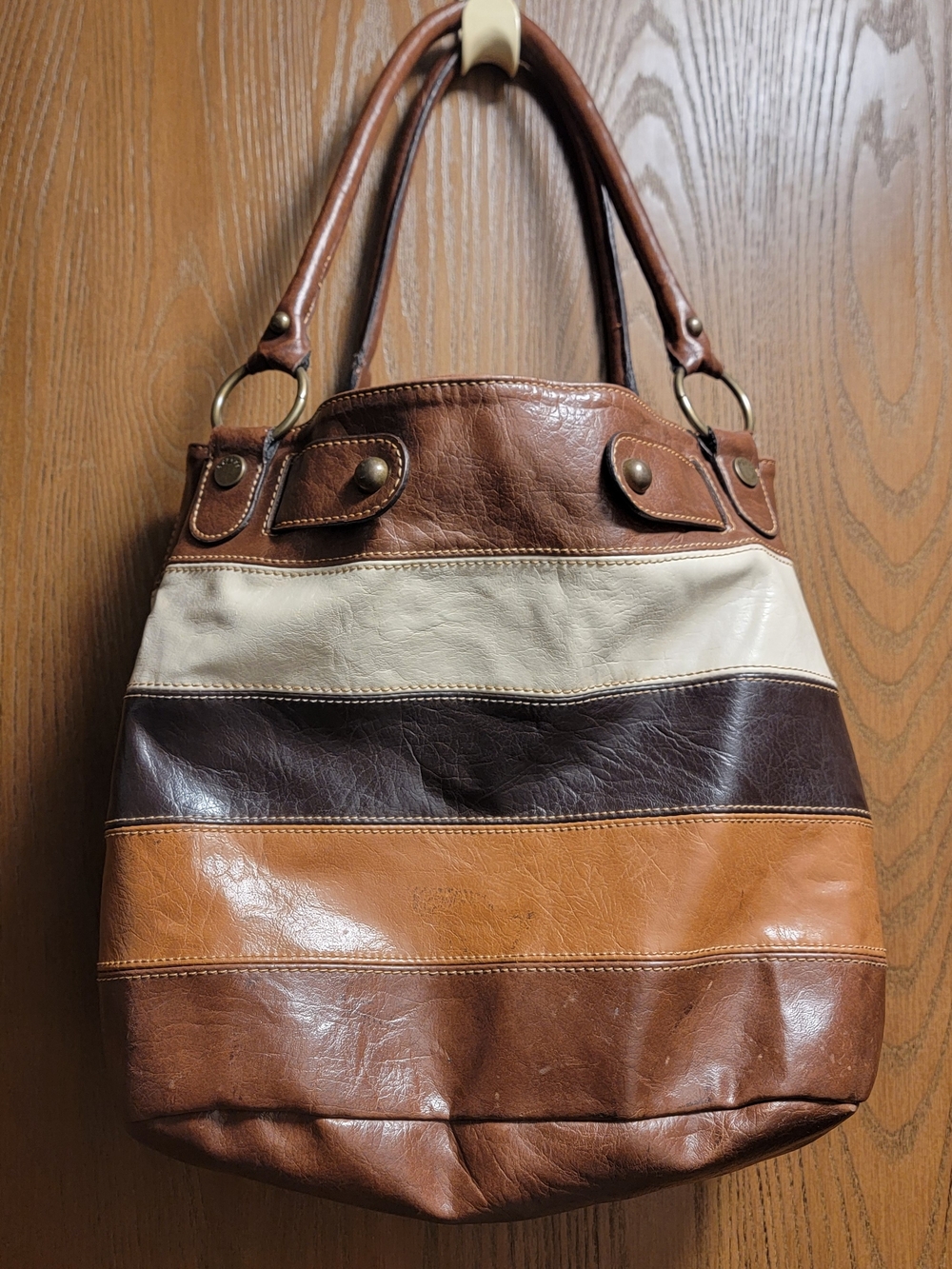 Striped Brown & Cream Leather Tote Bag